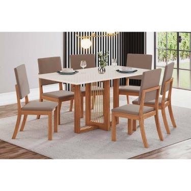 Imagem de Conjunto: Mesa de Cozinha Natalí c/ Tampo Madeirado Reto s/ Vidro 160x90cm e 6 Cadeiras Milla Nature/Suede Light Marrom Amêndoa - Henn