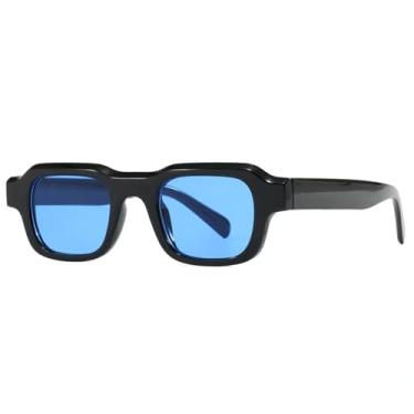 Imagem de Bsreyeop Óculos de sol retrô pequenos retangulares para mulheres e homens, 100% de proteção UV, leve, retrô, estilo vintage, Armação preta/lente azul E5, MM