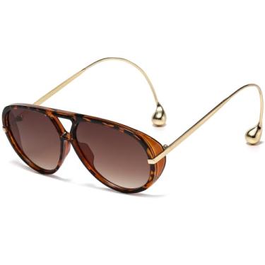 Imagem de LASPOR Óculos de sol aviador grandes para mulheres, vintage, com brinco ajustável, armação grande, óculos escuros femininos, Armação de leopardo/lente de chá