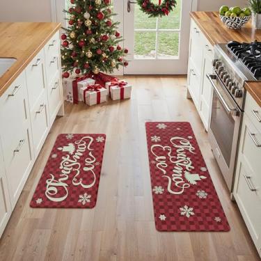 Imagem de GENIMO Decorações de Natal – Tapetes de cozinha para chão, 2 peças de tapetes de cozinha de Natal, tapete acolchoado antifadiga para decoração de casa, tapete antiderrapante impermeável para