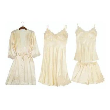 Imagem de Pijama Feminino Pijama de Seda 4 Peças Conjunto Ouro M - Lightbek Offi