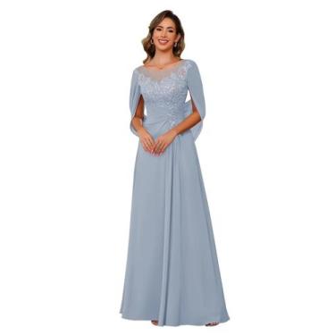 Imagem de Vestido RUMUGUYA Mãe da Noiva: Lace A Line, Chiffon, Azul