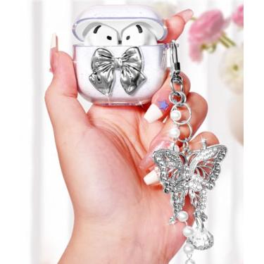 Imagem de Boaretiu Capa para Airpods 4 2024 - Capa fofa Kawaii para mulheres e meninas com chaveiro para AirPods 4ª geração, design de laço de prata, feminino, elegante, estética bonita para Airpods 4 capa