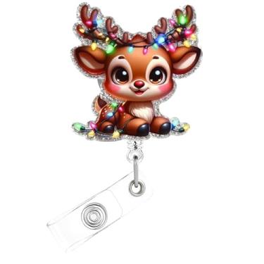 Imagem de Carretel de crachá de Natal, lindo crachá de acrílico de rena para crachá de identificação, suporte retrátil retrátil de veado acessórios de clipe de jacaré para enfermeiras, trabalhadores médicos