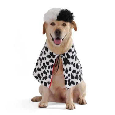 Imagem de Littledropet Fantasia de Halloween de cachorro dálmata com peruca preta e branca, capa para animais de estimação, roupa divertida para cães pequenos, médios e grandes (preto, grande (para cães grandes