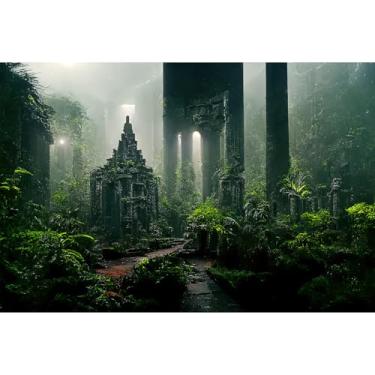 Imagem de Fantasia Templo Antigo Fundo de Aquário Jungle Stone Colunas Misteriosas Floresta Tropical Nebulosa Plantas Verdes Fundo de Tanque de Peixes Magical Misty Rock Ruins Reptile Tank Enclosure Fundos 91 x