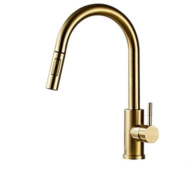 Imagem de Cromo/preto/dourado torneiras de cozinha puxáveis ​​bico pulverizador de fluxo de água fria bico pull down torneira misturador guindaste para cozinha, b ouro, china