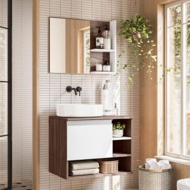 Imagem de Armário Para Banheiro Com Espelho França Nogal E Branco - Celta Móveis