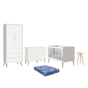 Imagem de Dormitório Theo 2 Portas, Cômoda 6 Gavetas, Berço, Mesa de Canto com Pés Madeira Natural e Colchão - Reller Móveis