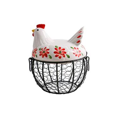 Imagem de Cesta de ovos em forma de galinha de arame de metal para armazenamento de cozinha com tampa de galinha de cerâmica, porta-ovos/caixa organizadora/recipiente