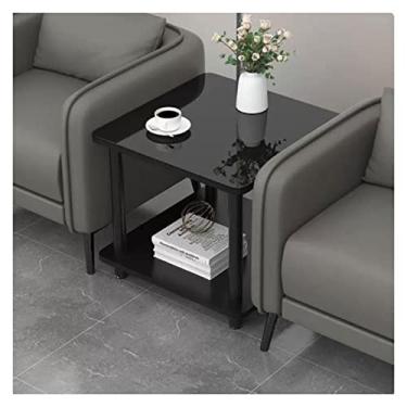 Imagem de Mesa lateral 49 cm mesa lateral quadrada de mesa lateral, mesa de cabeceira com prateleira de armazenamento de 2 camadas, mesas de bistrô internas ao ar livre, mesa de centro para espaços pequenos mesa de centro para sala de estar (cor: tampo de vidro preto