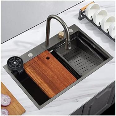 Imagem de Pia De Cozinha Em Cascata Nano Raindance Preta Em Aço Inoxidável Farmhouse Pias Utilitárias De Tigela Única Para Uma Lavanderia, Pia De Bancada Com Lavadora De Garrafas De Copo De Vidro, Instalaçã