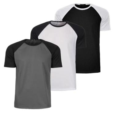 Imagem de Kit 3 Camisa Camiseta Raglan Academia Treino Dry Fit Fitness Slim Fit (BR, Alfa, M, Regular, Preto/Branco/Chumbo)