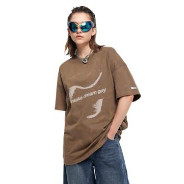 Imagem de T-ONE Camisetas grandes Y2K para homens e mulheres camisetas estampadas unissex com estampa de grafite, Marrom, M