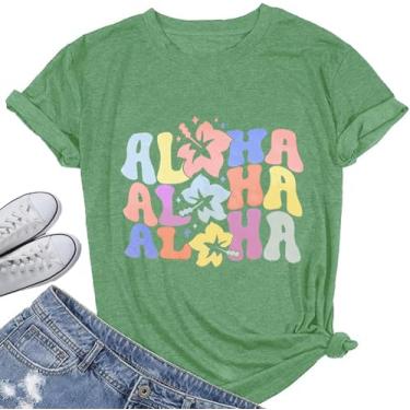 Imagem de Camiseta feminina havaiana de férias de verão estampa floral tropical camiseta de festa de cruzeiro na praia roupa atlética, Verde claro, XXG