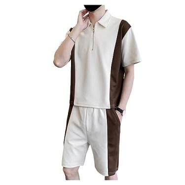 Imagem de Camisa polo masculina listrada contrastante com zíper, conjunto esportivo de 2 peças com bolso, Bege, Large