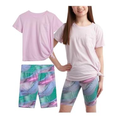 Imagem de Reebok Conjunto de shorts ativos para meninas – 2 peças de camiseta de desempenho de ajuste seco e shorts de bicicleta – Roupas esportivas de verão para meninas (7-12), Lilás/azul, 10