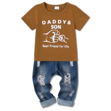 Imagem de WESIDOM Roupas infantis para meninos de 1 a 5 anos camiseta de manga curta + jeans rasgado conjunto de calças de bebê menino, Marrom, 4-5 Anos
