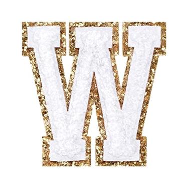 Imagem de 3 Pçs Chenille Letter Patches Ferro em Patches Glitter Varsity Letter Patches Bordado Bordado Borda Dourada Costurar em Patches para Vestuário Chapéu Camisa Bolsa (Branco, W)