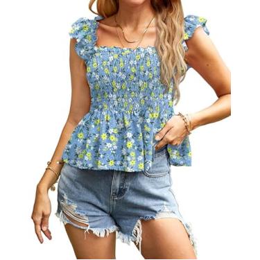 Imagem de Clarisbelle Camiseta feminina de verão com decote quadrado e babados sem mangas Boho, Estampa floral A2, M