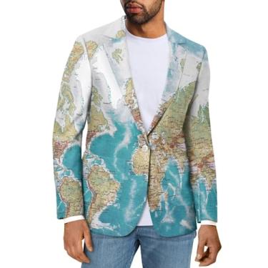 Imagem de Sprowallow Blazer masculino casual slim fit um botão elegante casaco esportivo lapela entalhada terno de negócios blazers jaqueta outono, Mapa Mundial, XX-Large
