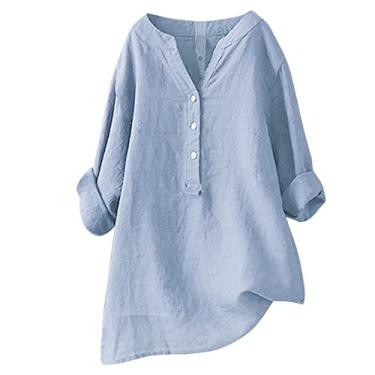 Imagem de Blusa feminina de linho, túnica de botão, manga comprida, gola V, casual, patchwork, elegante, confortável, Azul, GG