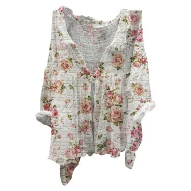 Imagem de Camisetas femininas de linho para o verão, estampa floral, casual, folgada, manga comprida, com botões, gola V e lapela, Vermelho, GG