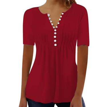 Imagem de Camisetas femininas de linho, casual, de manga curta, com botões, caimento solto, blusa básica plissada, roupas para sair, Vermelho - E, M
