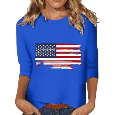 Imagem de Camisetas femininas de 4 de julho com bandeira americana do Dia da Independência, casual, patriótica, Memorial Day, blusa de manga 3/4, Azul, 5G