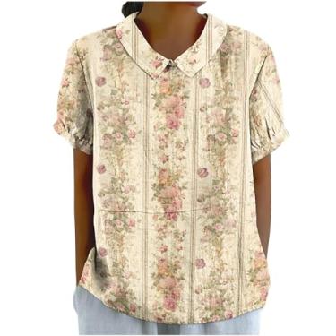 Imagem de Camisetas femininas de linho de algodão 2024 lapela manga curta blusas elegantes para trabalho casual confortável verão túnica tops, #13 - Branco, GG