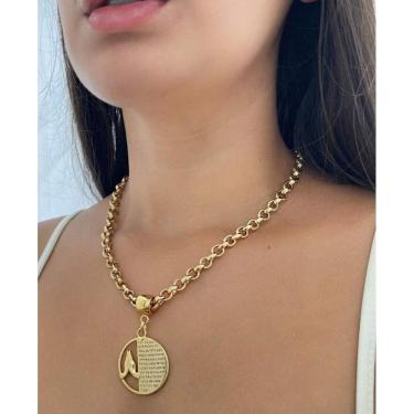 Imagem de Colar Feminino Corrente Elos Português Folheado Ouro com Pingente Medalha Redonda Oração Pai Nosso Mão Cordão Religioso