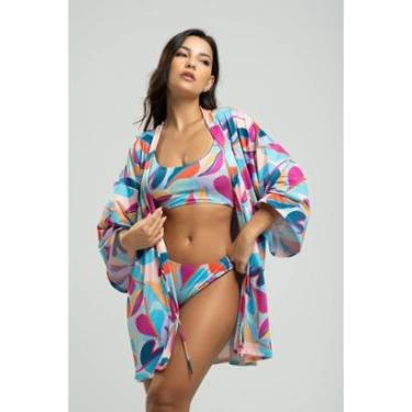 Imagem de Saída de Praia Kimono Estampado Tecido Proteção Solar Uv 50+-Feminino
