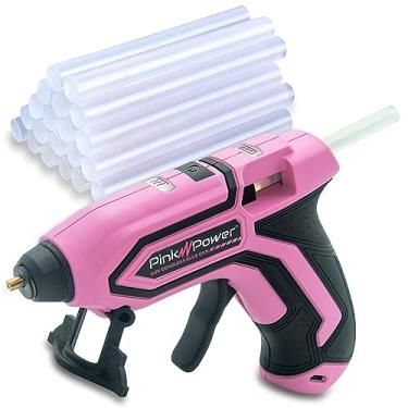 Imagem de Pink Power Mini kit de pistola de cola quente sem fio com suporte – 20 varas, alimentado por bateria, sem fio, aquecimento rápido, recarregável por USB, pistola de cola portátil para artesanato DIY