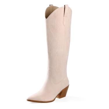 Imagem de iiimmu Botas femininas Cowgirl, cano alto, bico fino, salto bloco, camurça caubói e couro sintético com bordado, rosa, 37