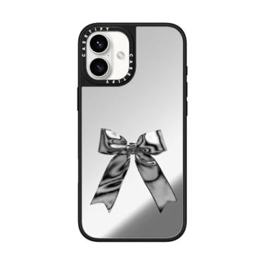 Imagem de CASETiFY Capa espelhada para iPhone 16 Plus [refletiva/1,5 m. 1 proteção contra quedas de grau militar/compatível com Magsafe] - fita metálica - prata em preto