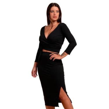 Imagem de Conjunto Feminino Plus Size Transpassada Cropped Envelope Saia Midi Fe