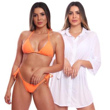 Imagem de Kit Saída de Praia Chemise Camisão Feminino + Biquini Cortininha de Am