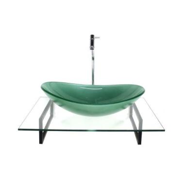 Imagem de Kit cuba de vidro oval verde com tampo 60cm incolor e suporte preto - 