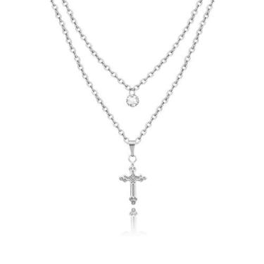 Imagem de Colar Duplo feminino Cruz crucifixo feminino com ponto de luz em aço i