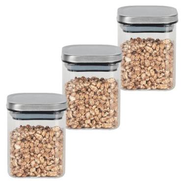 Imagem de Kit Potes De Vidro Hermético 400ml Tampa Inox 3 Peças Quadrado - Dynas