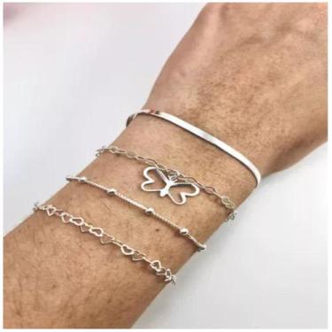Imagem de 4 Pulseira Prata Legítima 925 Bolinha Coração Laminada Borbo - Lojas L