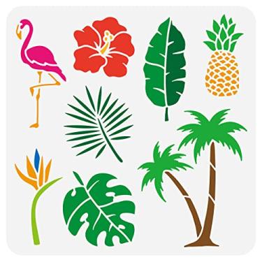 Imagem de FINGERINSPIRE Estêncil de coqueiro tropical, 30 x 30 cm, reutilizável, folhas tropicais, abacaxi, flamingo, flor, padrão, animal, planta, estêncil para pintura artesanal em móveis de madeira