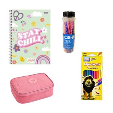 Imagem de Kit Material Escolar 38 Itens Caderno Garrafa 24 Canetas CIS Estojo Grande Organizador Rosa Menina