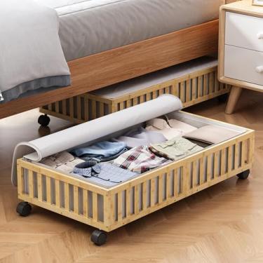 Imagem de Recipientes de armazenamento sob a cama de bambu com rodas, pacote com 2 caixas grandes de armazenamento de sapatos sob a cama, organizador de gavetas sob a cama de madeira para armário de quarto,