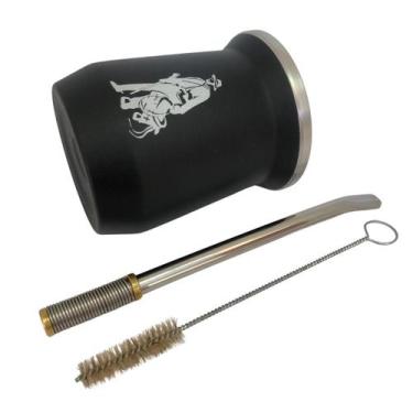Imagem de Kit tereré cuia copo redondo 350ml alumínio parede dupla preto + bomba