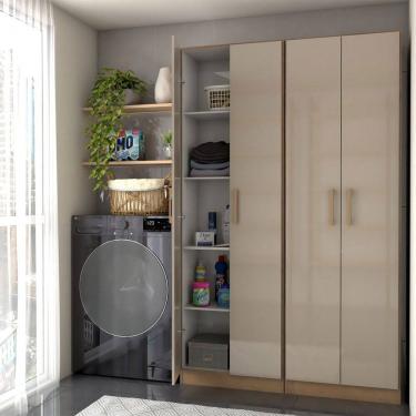 Imagem de Armário Multiuso Malta 4 Portas 8 Prateleiras Acácia Madeirado/Reflecta Brilho - Panorama Móveis