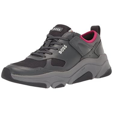Imagem de BOSS Tênis masculino de couro macio estilo corrida, Cinza/chumbo escuro, 7