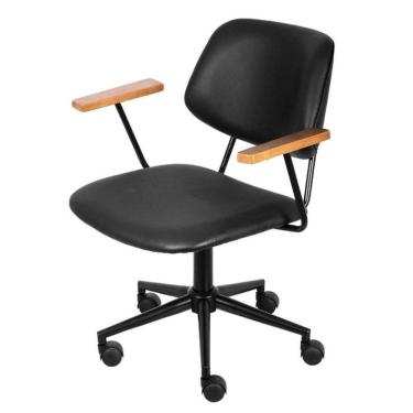 Imagem de Cadeira Escritório Giratória Riga Or Design Revestida PU Preto Braços em Madeira Base Rodízio Preto