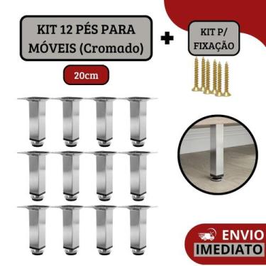 Imagem de Kit 12 Pé Para Móveis Armários Regulável Quadrado Cromado 20cm - HD Fe
