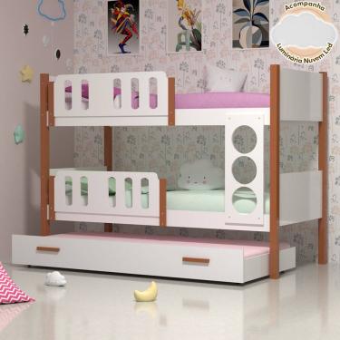 Imagem de Beliche Infantil Solteiro Ônix com Cama Auxiliar - Branco Caramelo - Divaloto Móveis + Luminária Nuvem